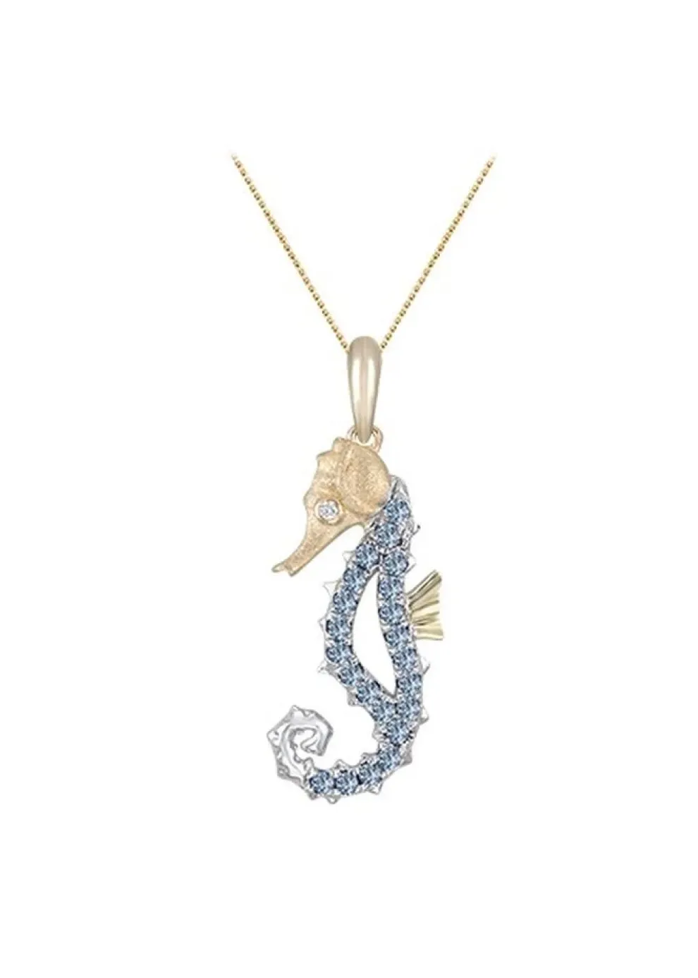 14K 2/Tone Single Sea Horse Pendant With Diamond And 22 Pastel Blue Sapphires