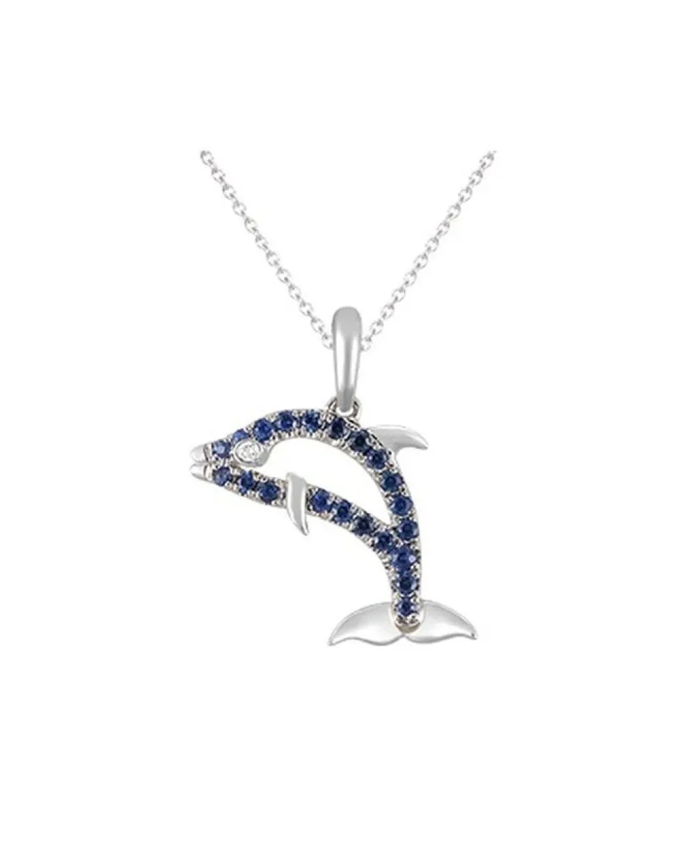 14K White Gold Dolphin Pendant With Diamond And Blue Sapphires