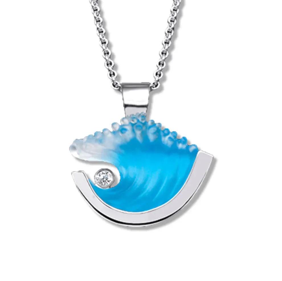 14K White Gold Medium Wave Pendant With Diamond