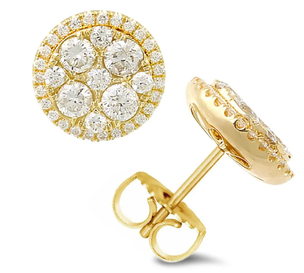 18K Yellow Gold Stud Earrings With 72 Pcs 1.08Ct Diamonds