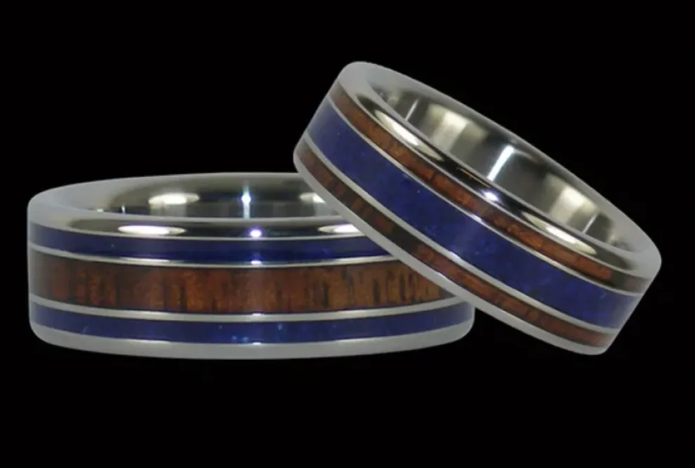 Koa Wood Titanium Ring With Lapis Inlay