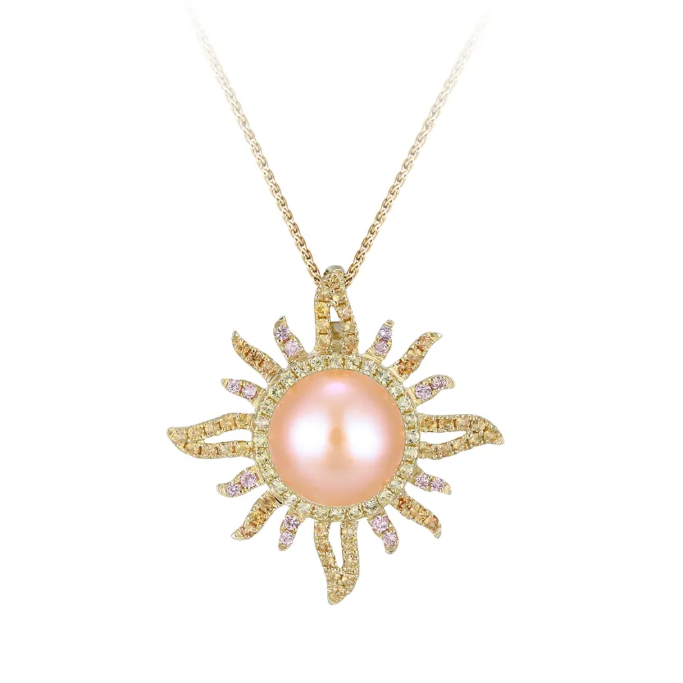 14Ky "Sunburst" Pendant With Colored Sapphires And Fresh Water Pearl