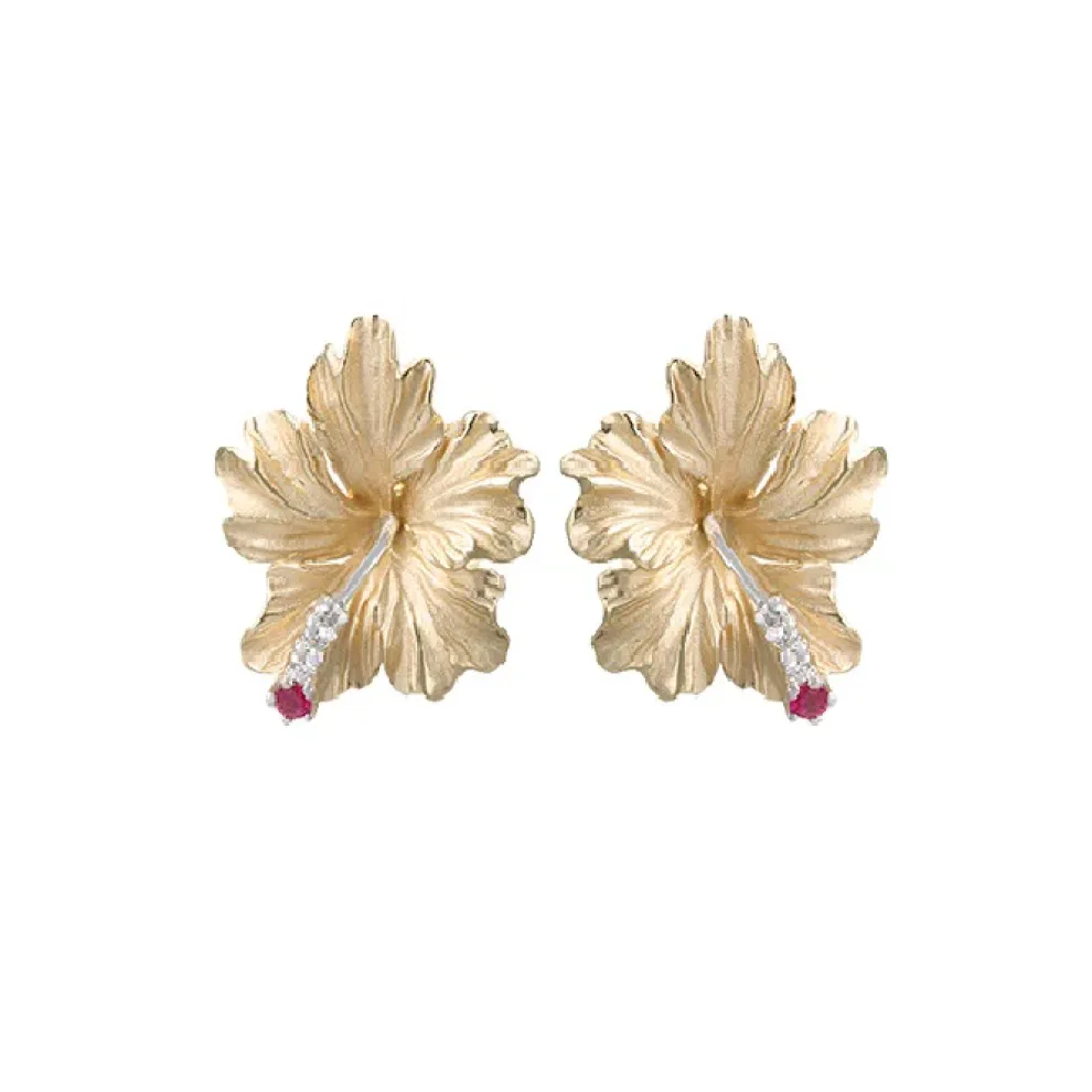 15Mm 14K Hibiscus Earrings With 4 Diamonds And 2 Rubies
