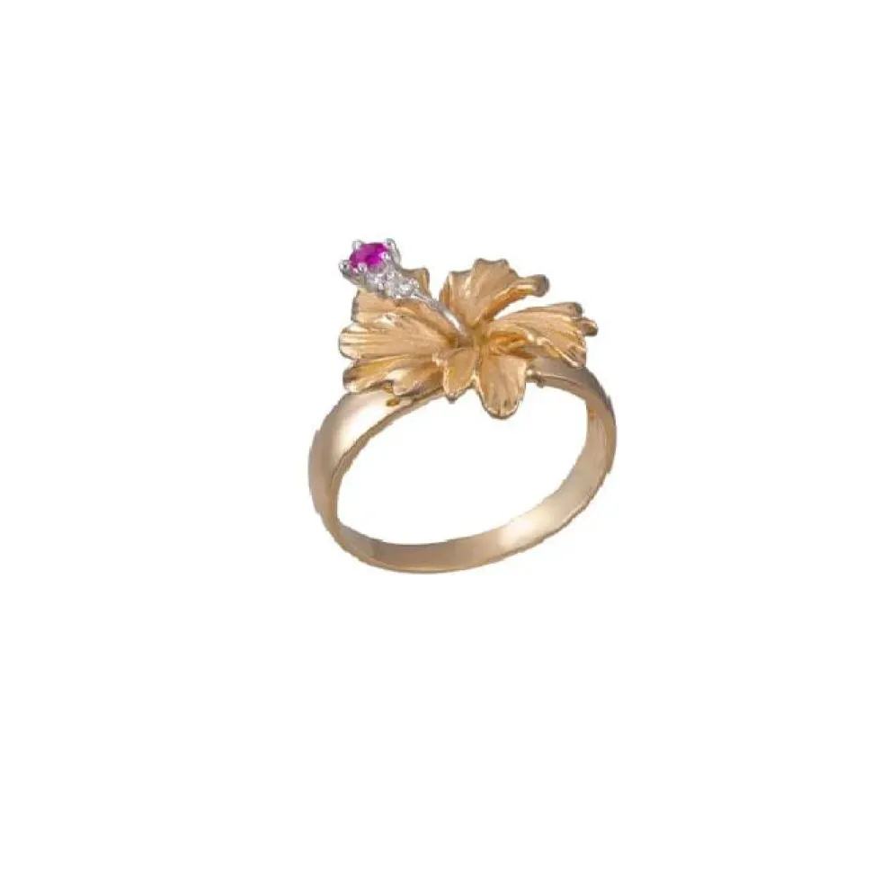 13Mm 14K Hibiscus Ring With 2 Diamonds And Ruby