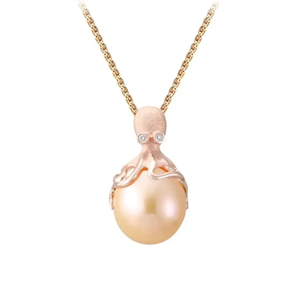 Rose Gold Octopus Pendant With 10Mm Peach Freshwater Pearl & Diamonds