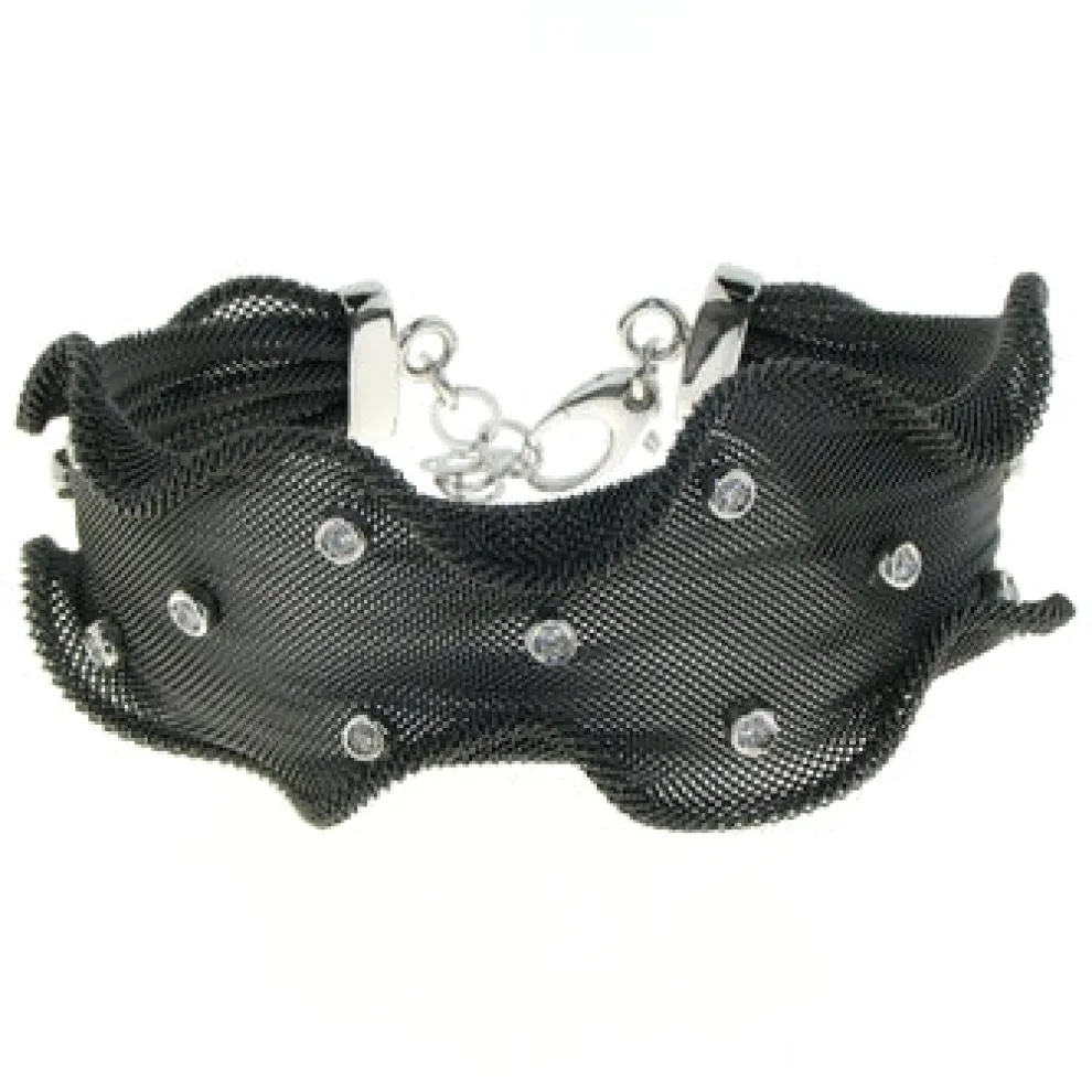 Sterling Silver Black Mesh Bezel-Set Cubic Zirconia Wave Bangle