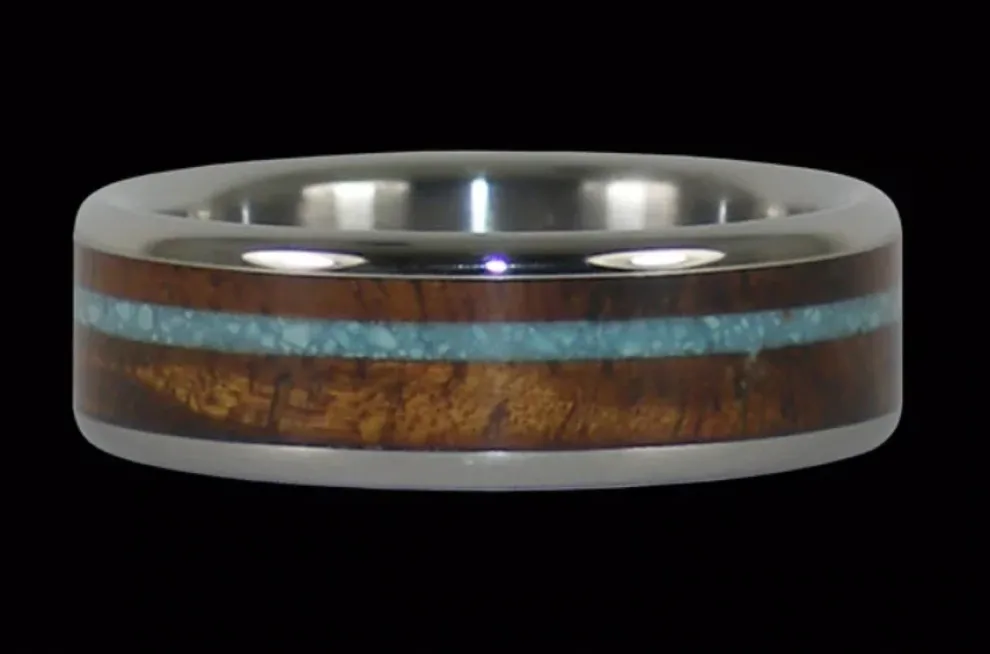 Turquoise And Koa Wood Titanium Ring