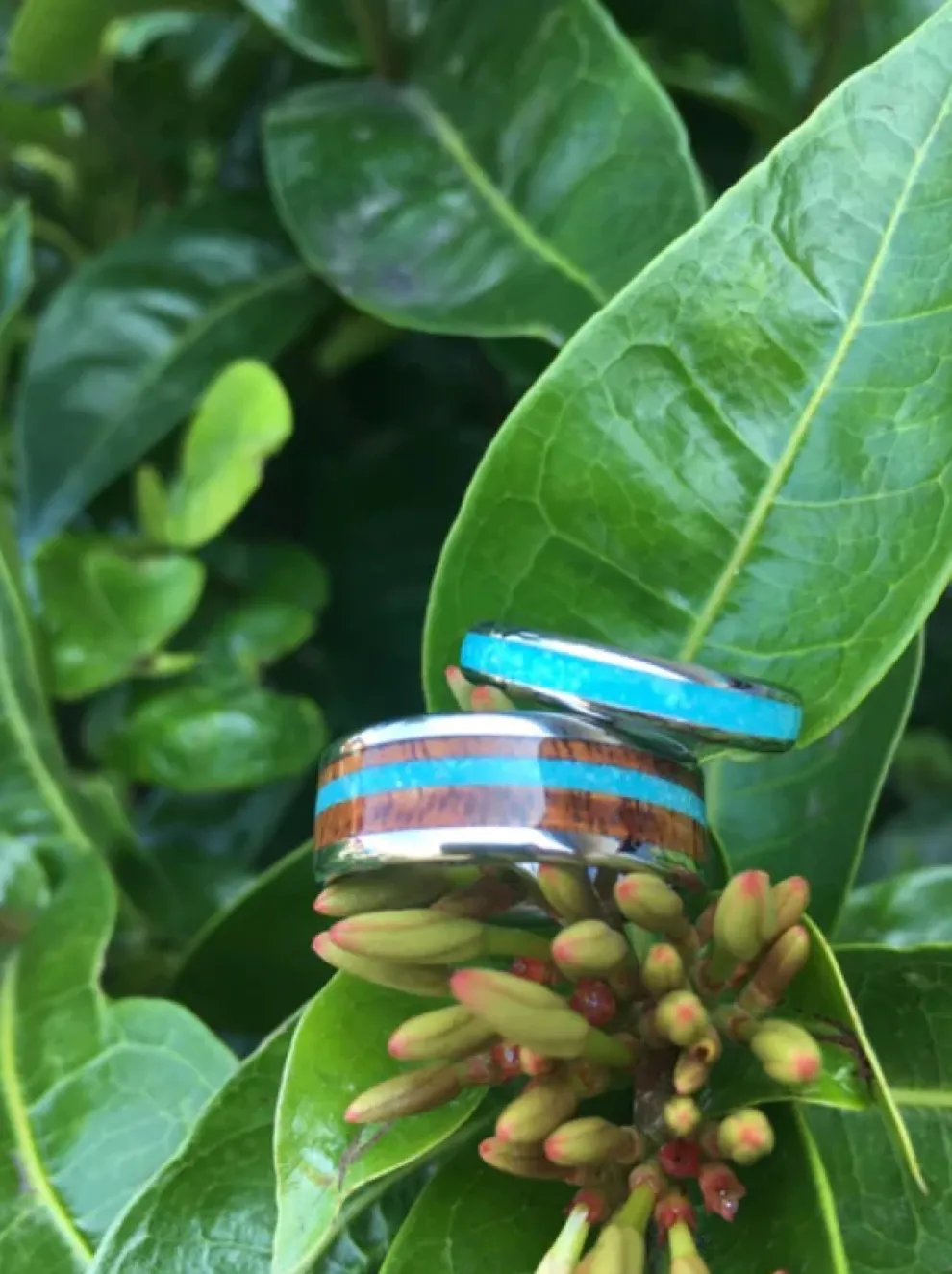 Turquoise And Koa Wood Titanium Ring