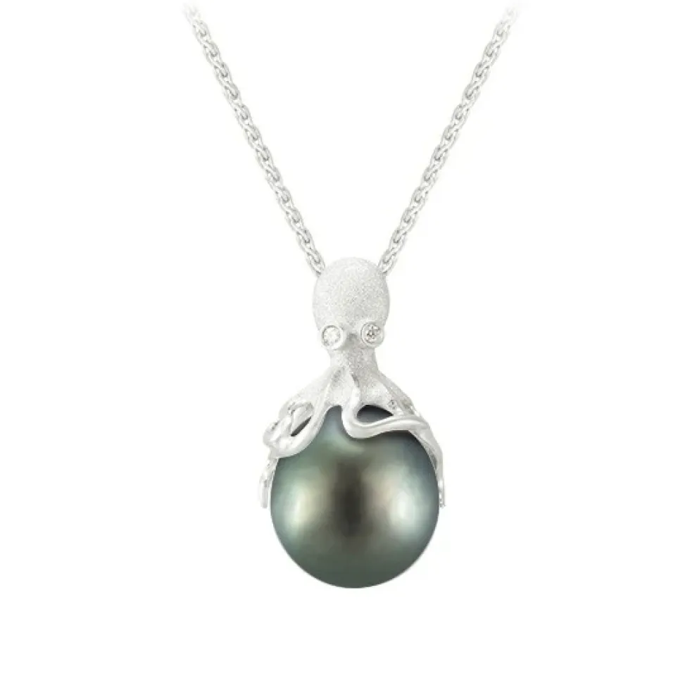 White Gold Octopus Pendant With 11Mm Tahitian Pearl & Diamonds